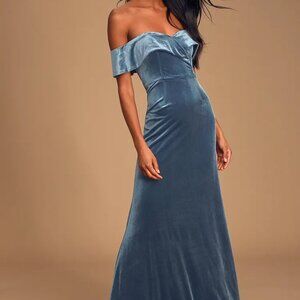 Lulu's Sweet Symphony Dusty Blue Velvet Off-the-Shoulder Maxi Dress Gown